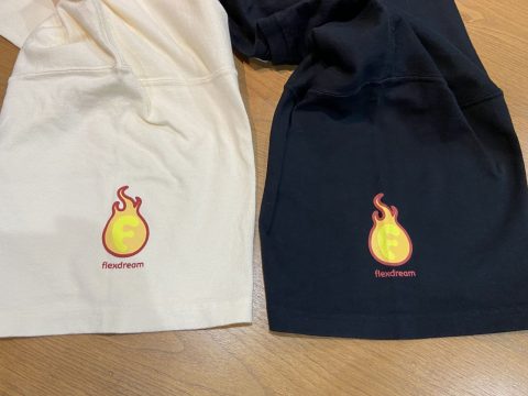 ogawaテント×FD-classic丸目ランクル80バックプリントイラストTシャツ　左袖フレックスドリームロゴ